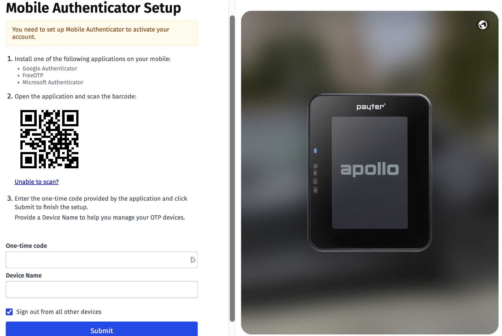 The Mobile Authenticator Setup page that MyPayter shows at the first login after 2FA is enabled
